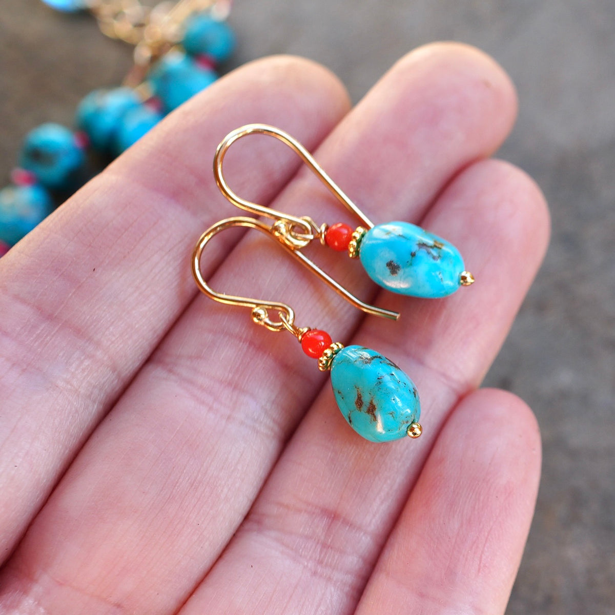 Nevada turquoise nugget earrings with red coral