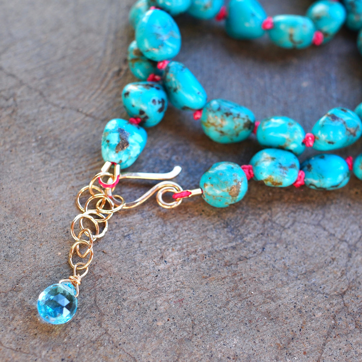 Nevada turquoise nugget necklace hand-knotted with coral silk