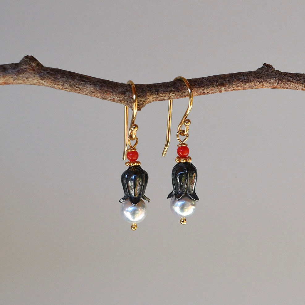Akoya pearl earrings with tiny red coral