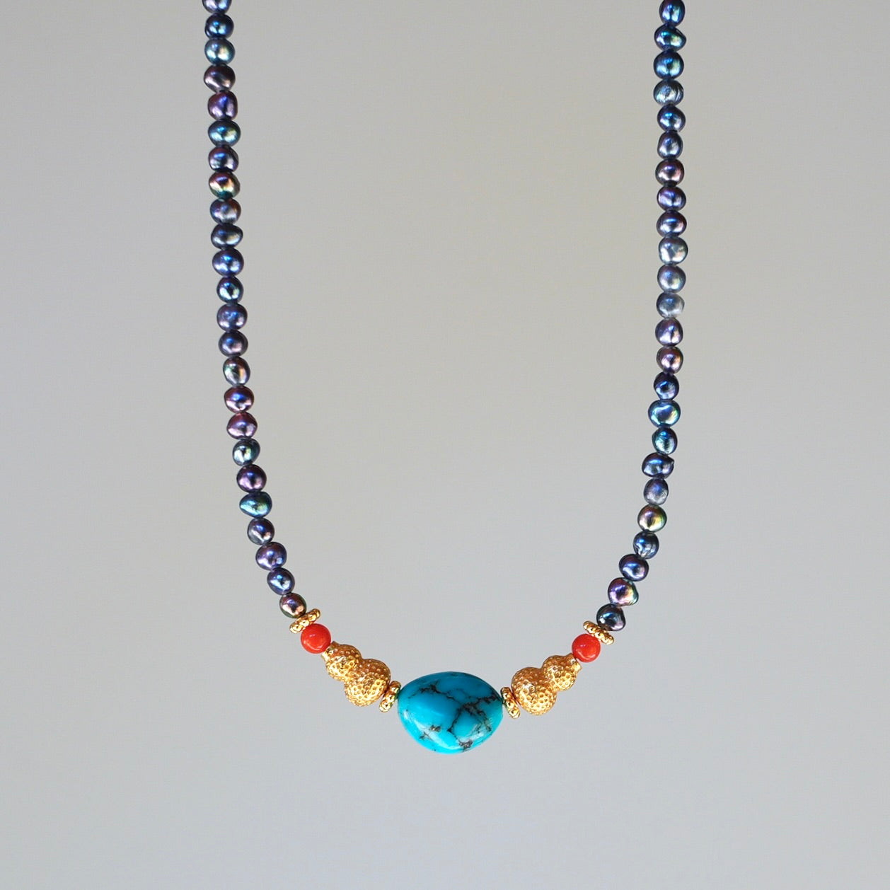 Peacock pearls, turquoise and coral necklace – Olga Sitnik Designs