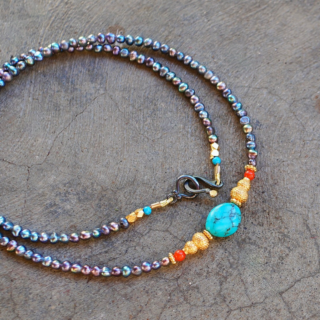 Peacock pearls, turquoise and coral necklace