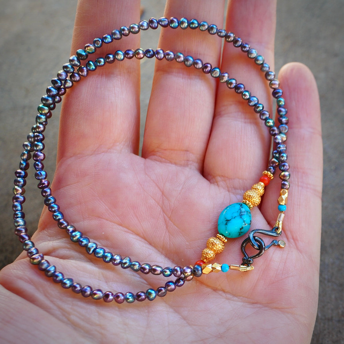 Peacock pearls, turquoise and coral necklace