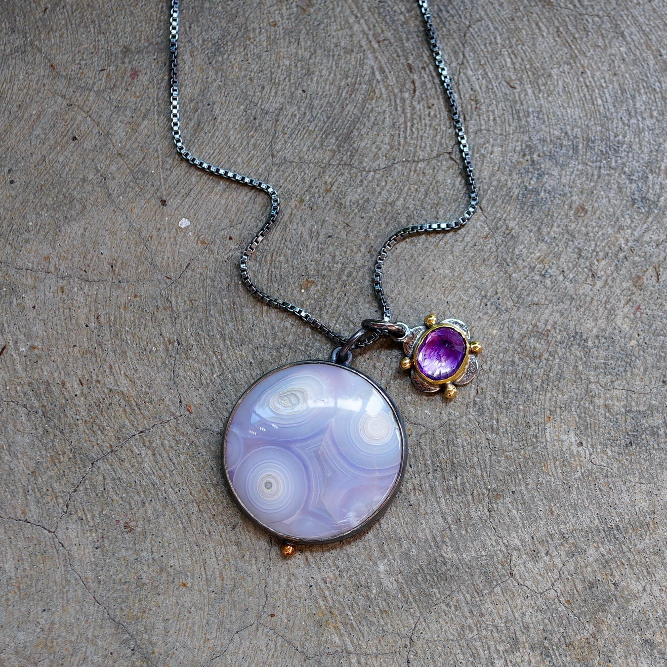 Luna agate and amethyst charm necklace