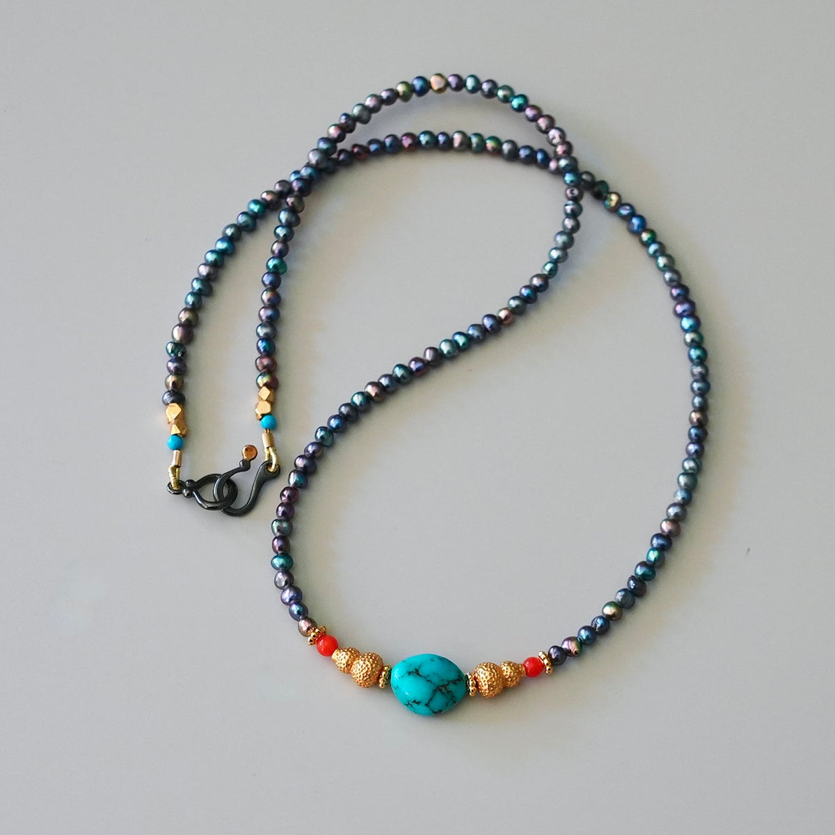 Peacock pearls, turquoise and coral necklace