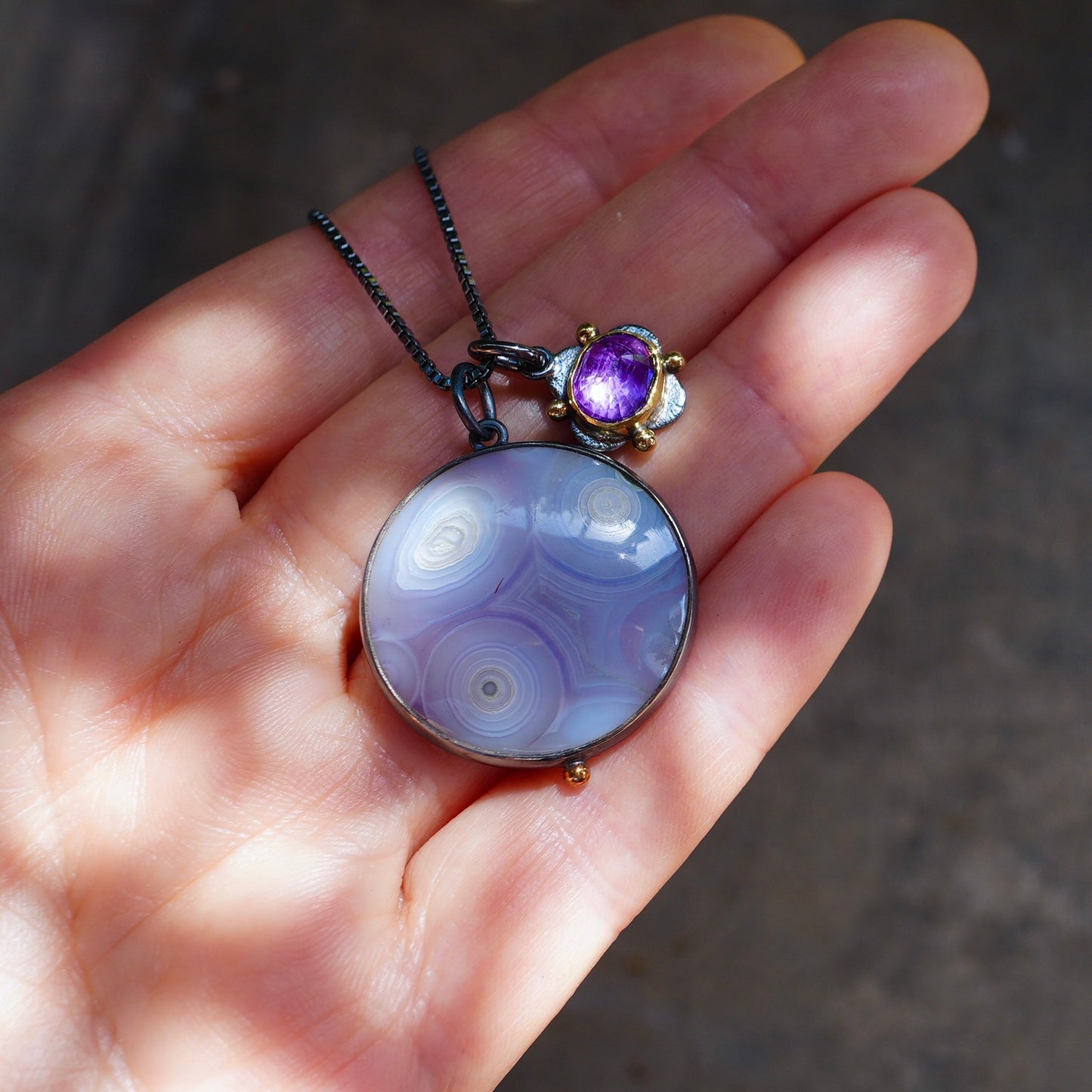 Luna agate and amethyst charm necklace
