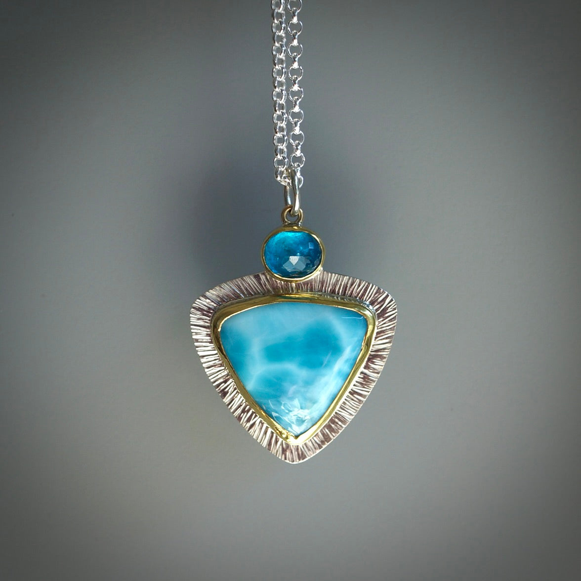 Larimar and neon blue apatite pendant