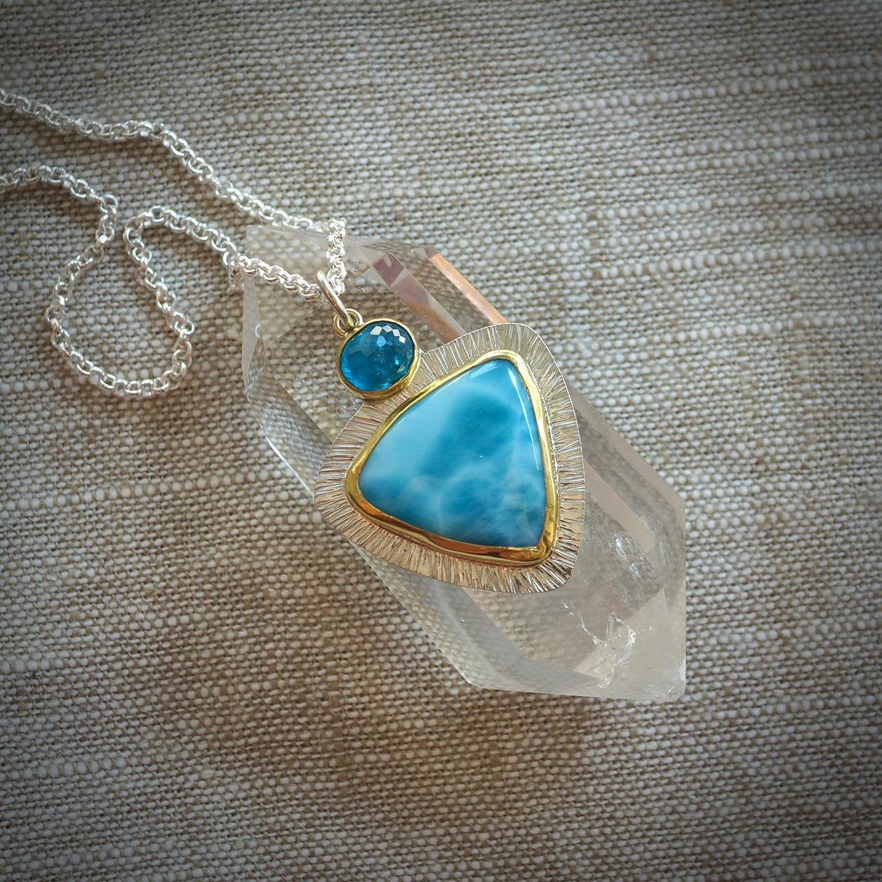 Larimar and neon blue apatite pendant