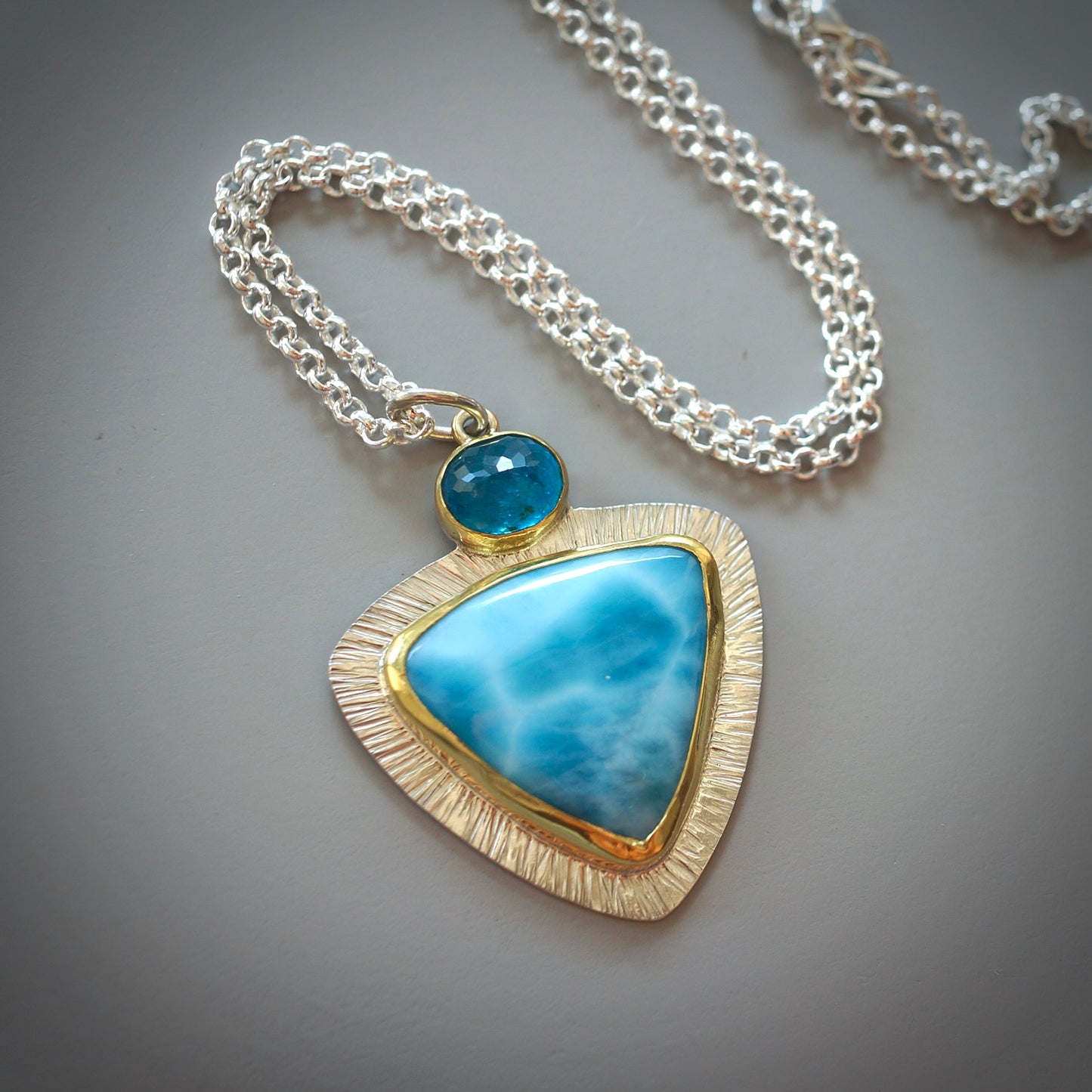 Larimar and neon blue apatite pendant