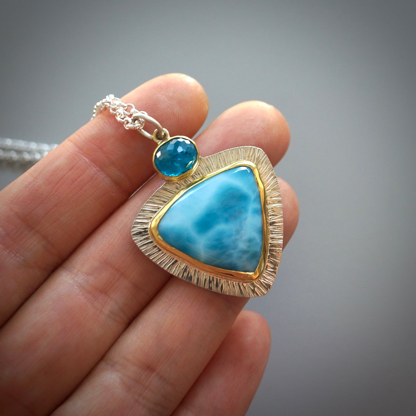 Larimar and neon blue apatite pendant