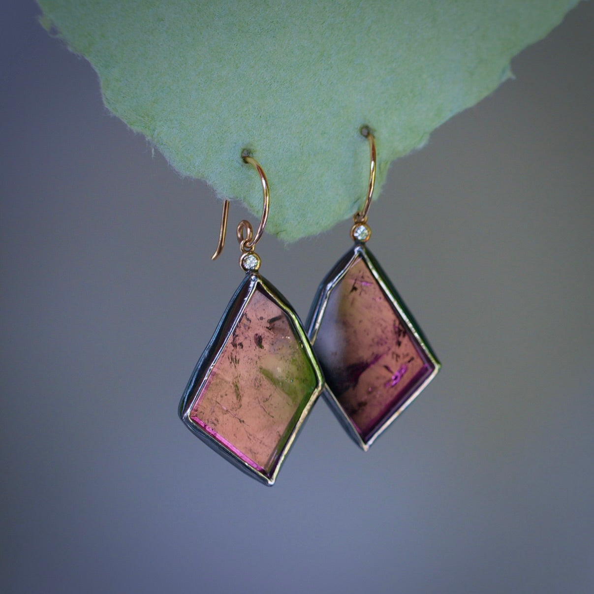 Magenta tourmaline and diamond earrings
