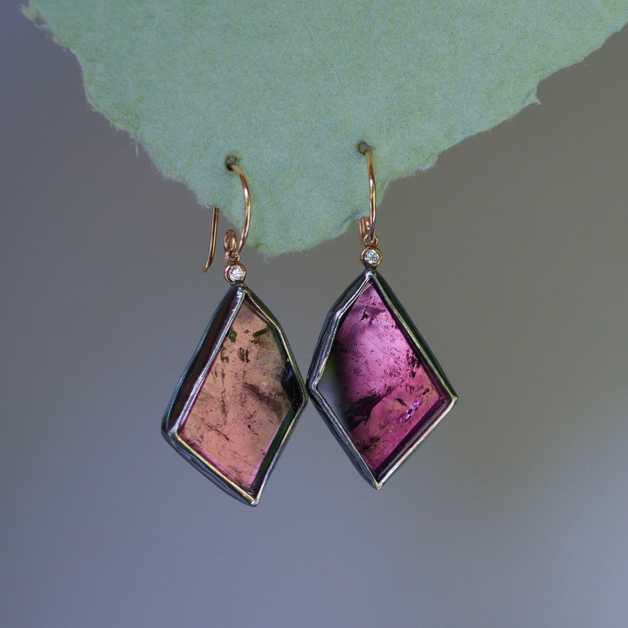 Magenta tourmaline and diamond earrings
