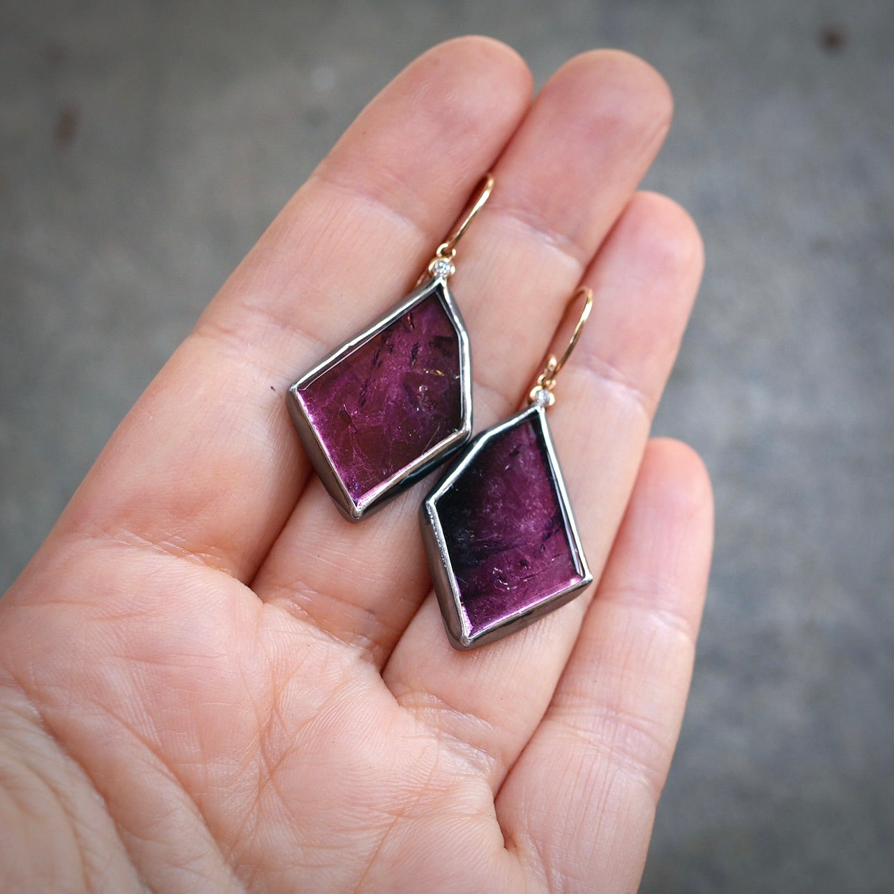 Magenta tourmaline and diamond earrings