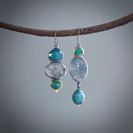 Botryoidal chalcedony, grandidierite and emerald earrings