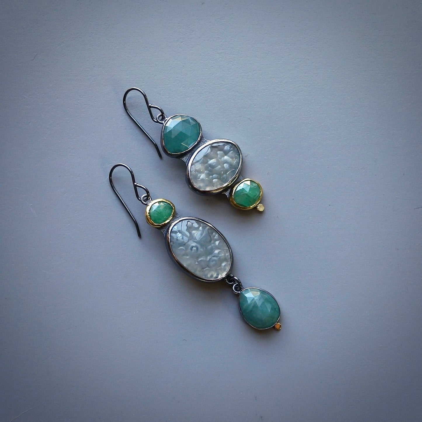 Botryoidal chalcedony, grandidierite and emerald earrings