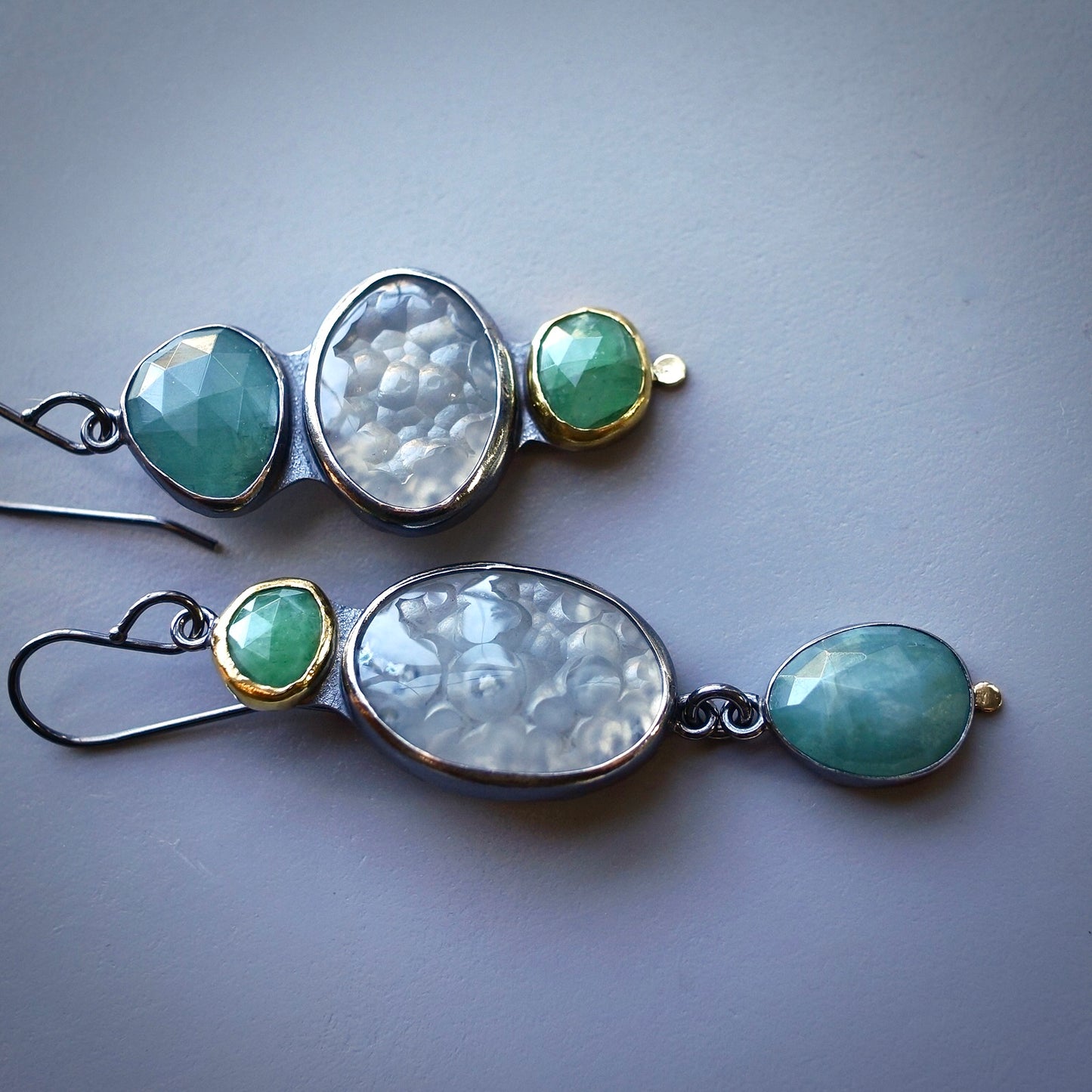 Botryoidal chalcedony, grandidierite and emerald earrings