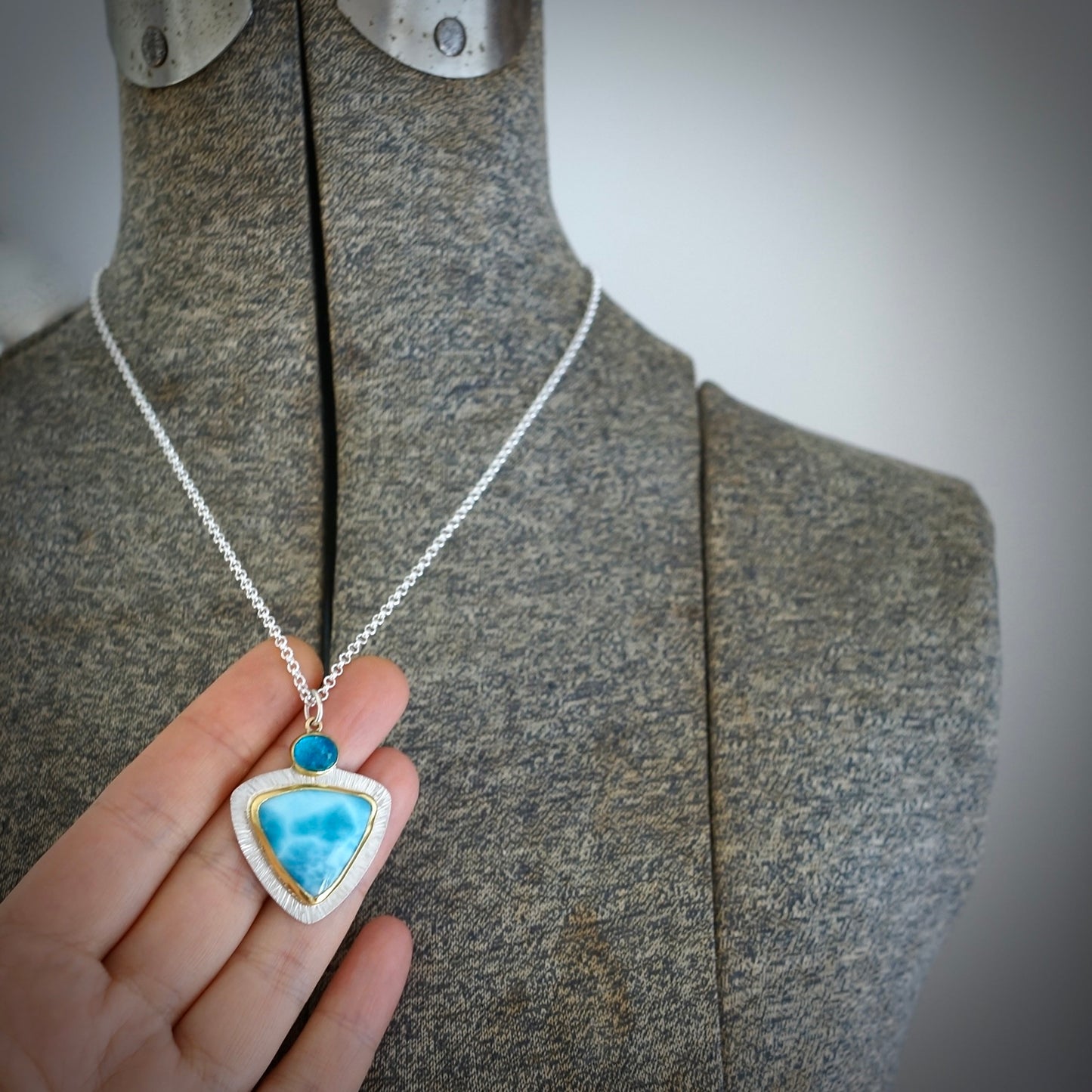 Larimar and neon blue apatite pendant