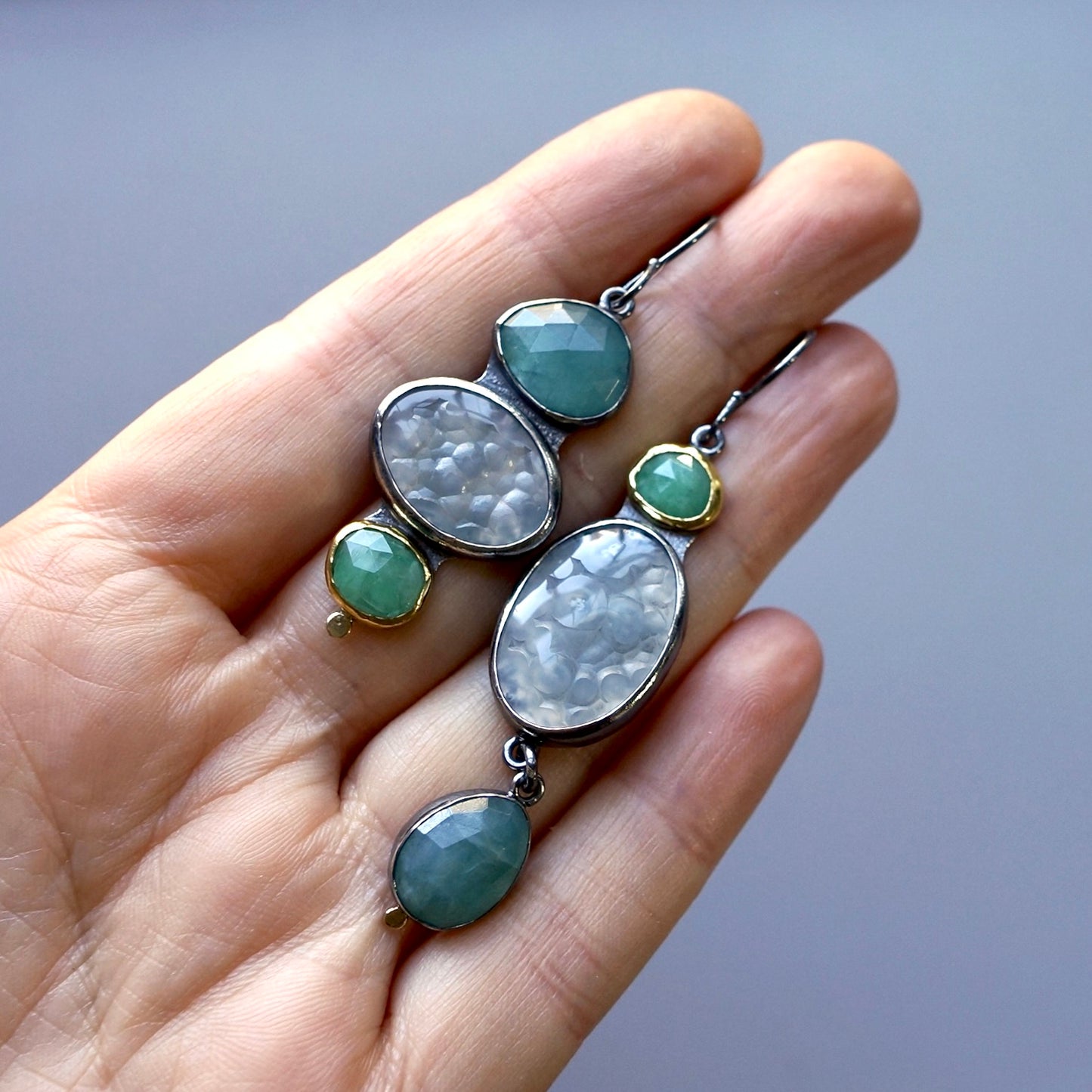 Botryoidal chalcedony, grandidierite and emerald earrings