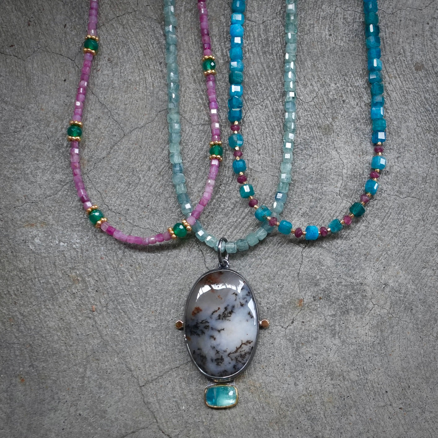 Dendritic agate, blue tourmaline pendant with kyanite cube necklace
