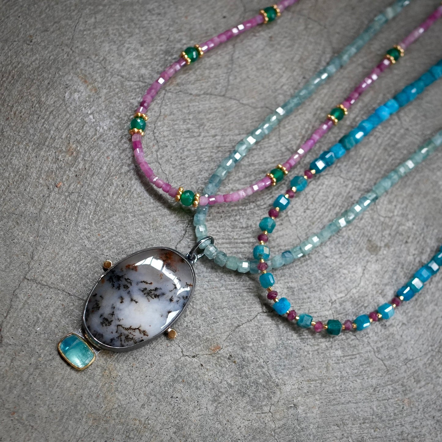 Dendritic agate, blue tourmaline pendant with kyanite cube necklace