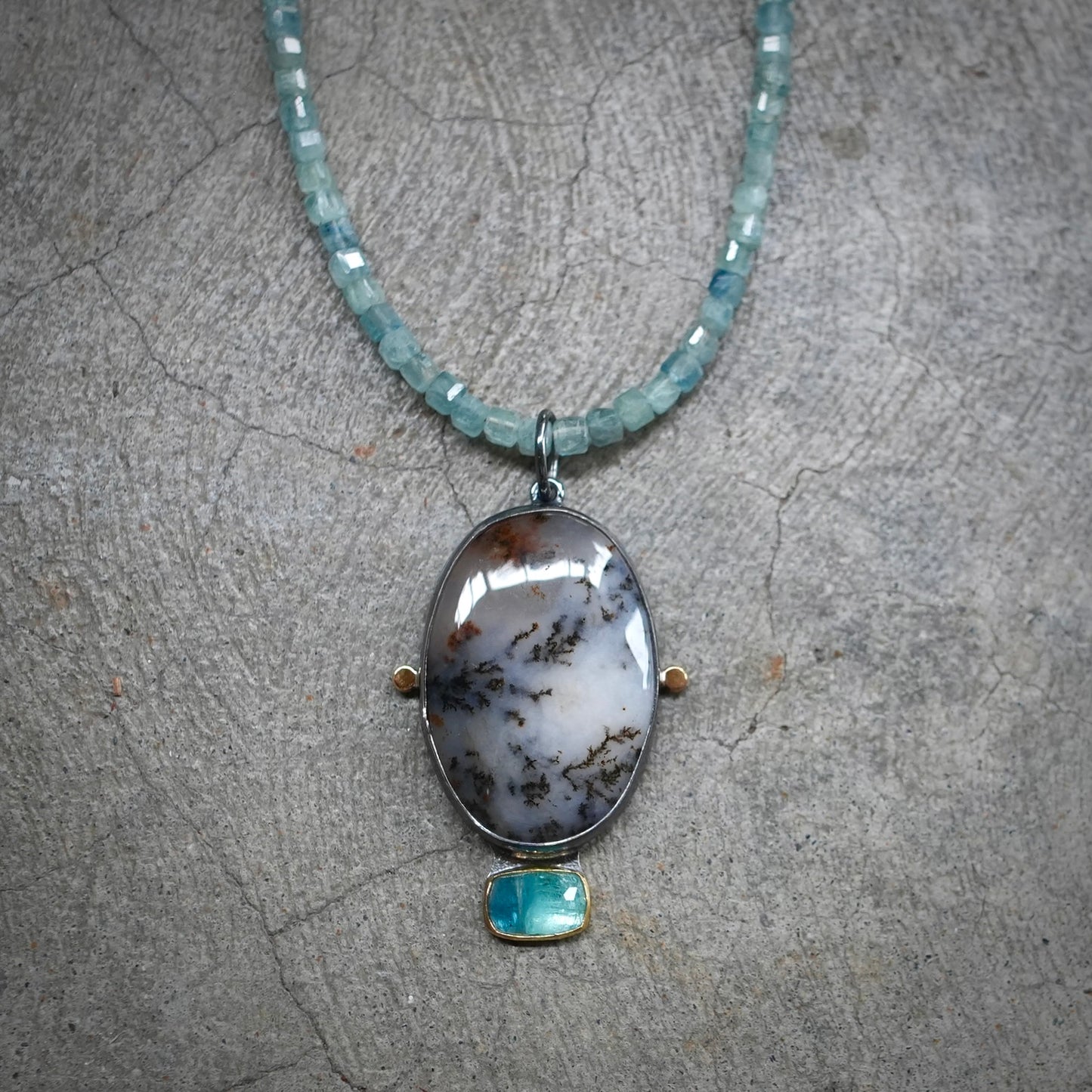 Dendritic agate, blue tourmaline pendant with kyanite cube necklace