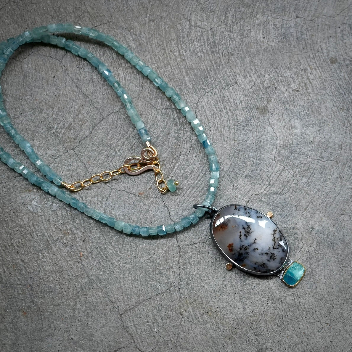 Dendritic agate, blue tourmaline pendant with kyanite cube necklace