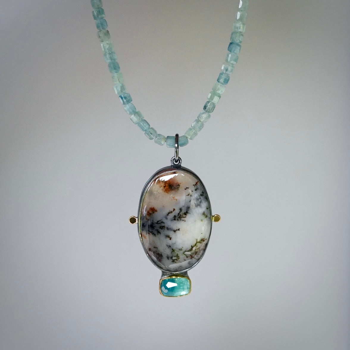 Dendritic agate, blue tourmaline pendant with kyanite cube necklace