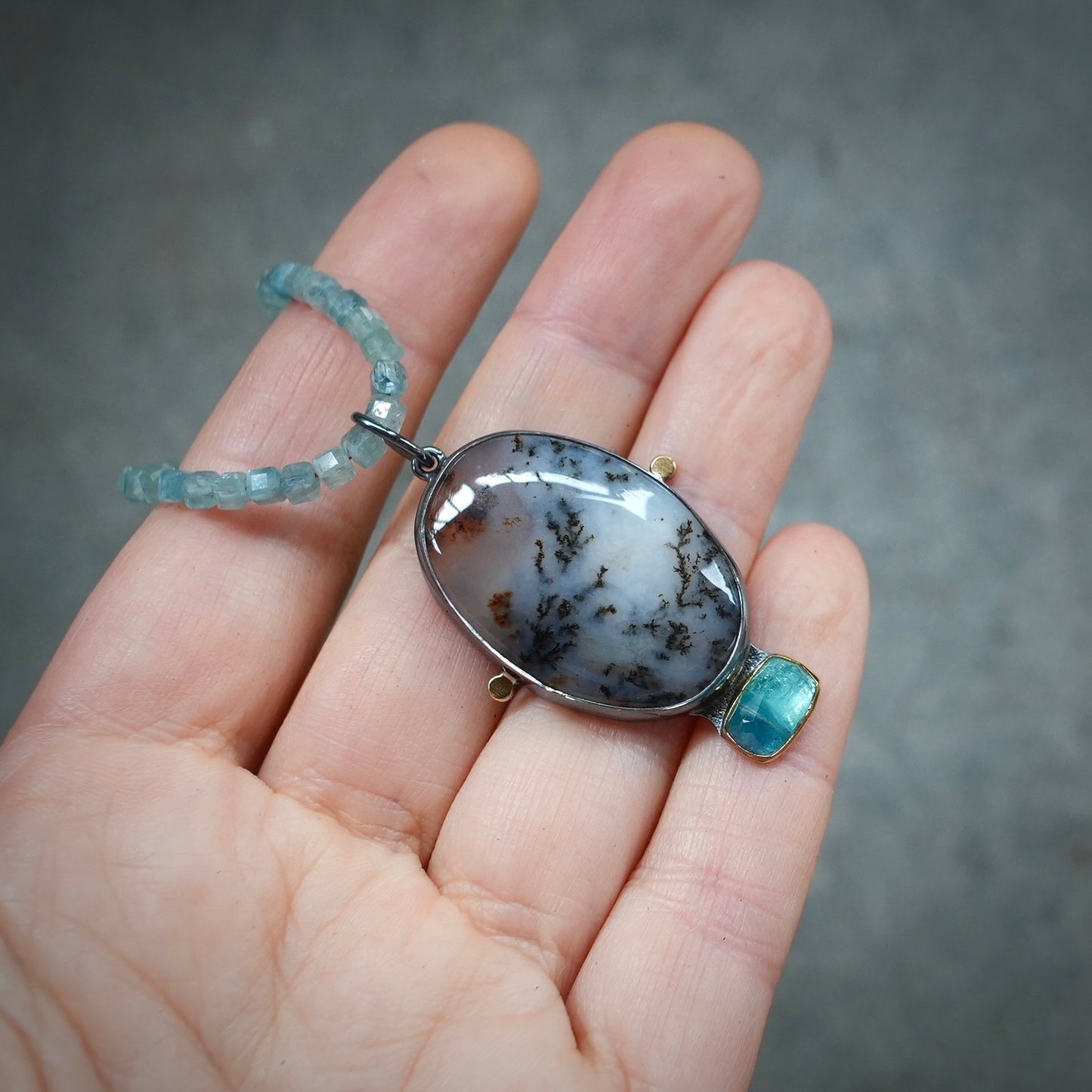Dendritic agate, blue tourmaline pendant with kyanite cube necklace