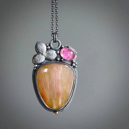 Sugar palm agate and pink tourmaline pendant