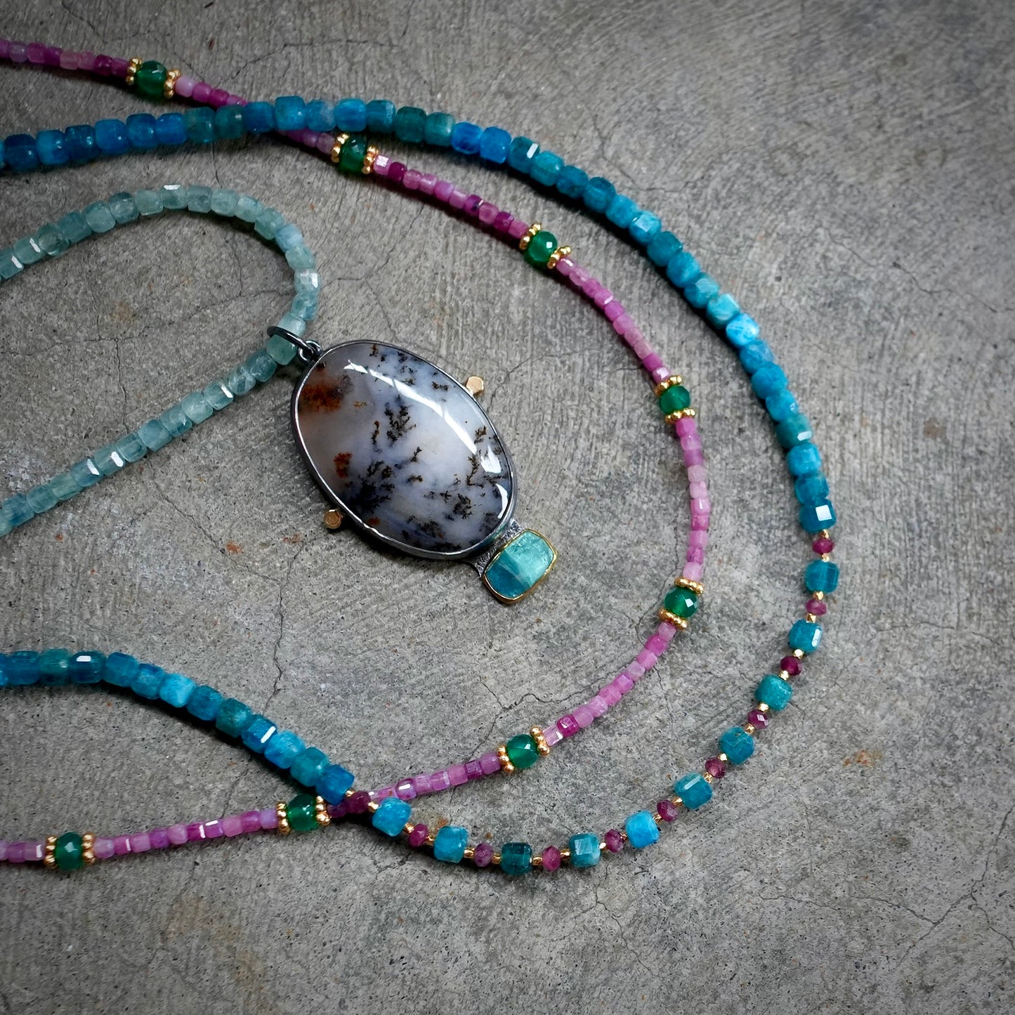 Dendritic agate, blue tourmaline pendant with kyanite cube necklace