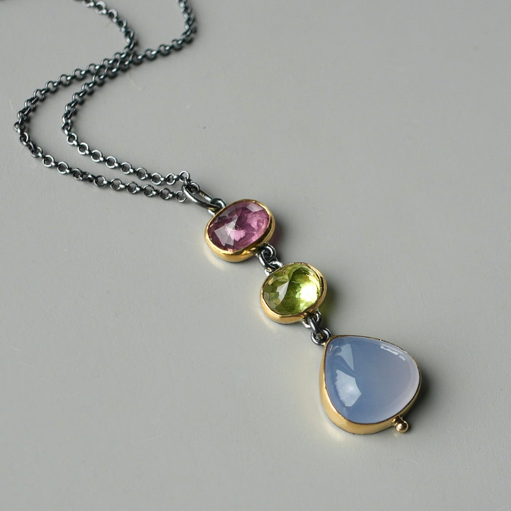 Tourmaline, sphene and blue chalcedony pendant