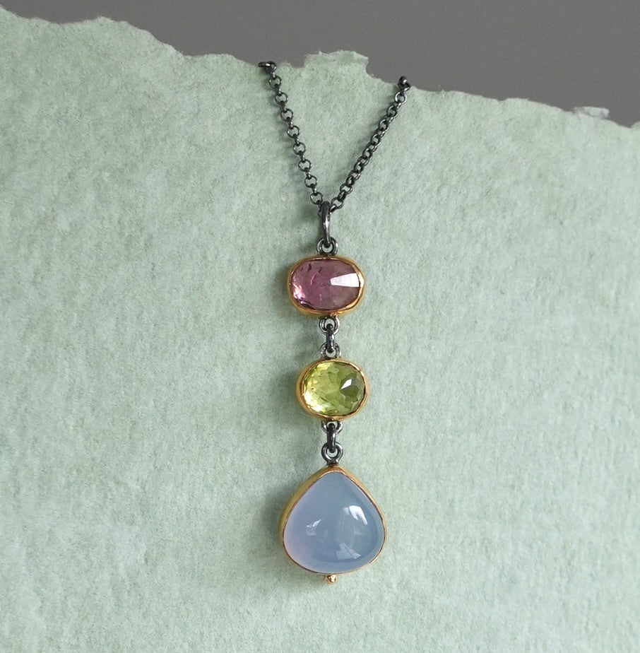 Tourmaline, sphene and blue chalcedony pendant