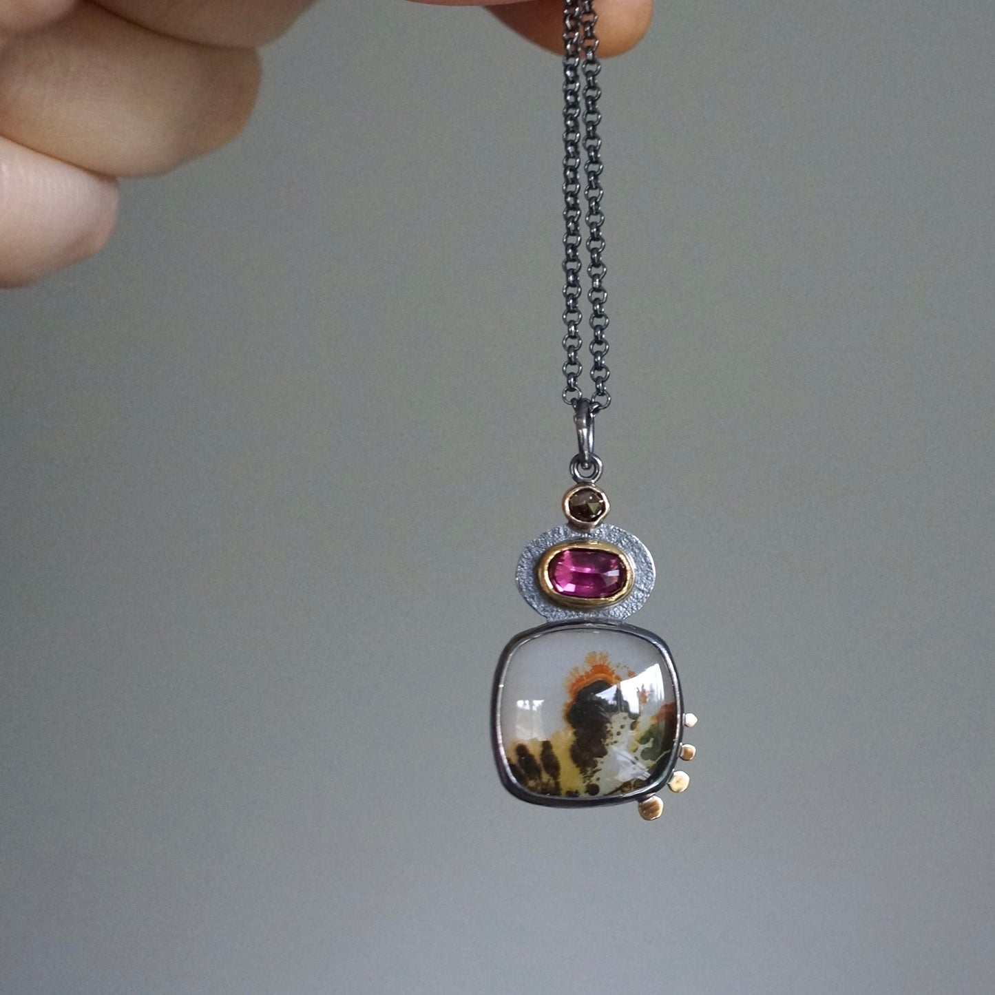 Dendritic agate, garnet and chocolate diamond pendant