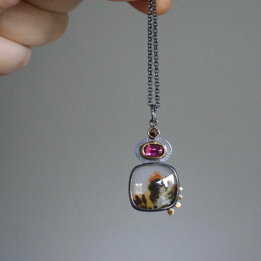 Dendritic agate, garnet and chocolate diamond pendant