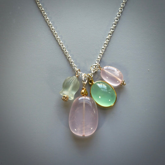 Chrysoprase and rose quartz charm necklace