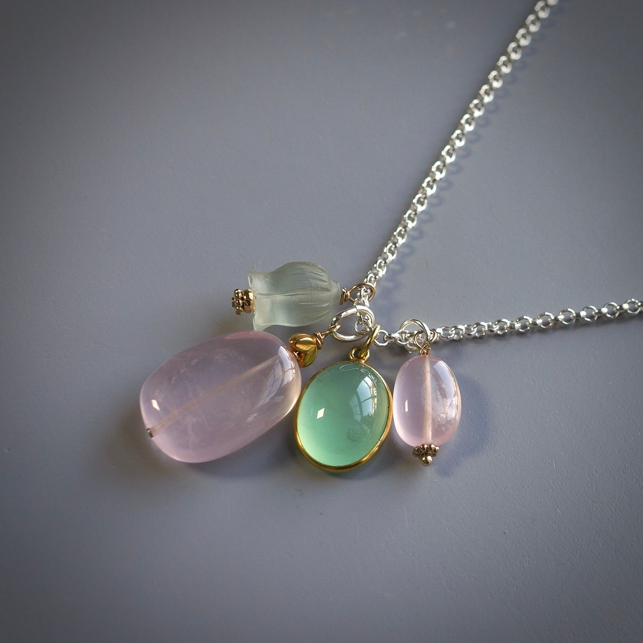 Chrysoprase and rose quartz charm necklace