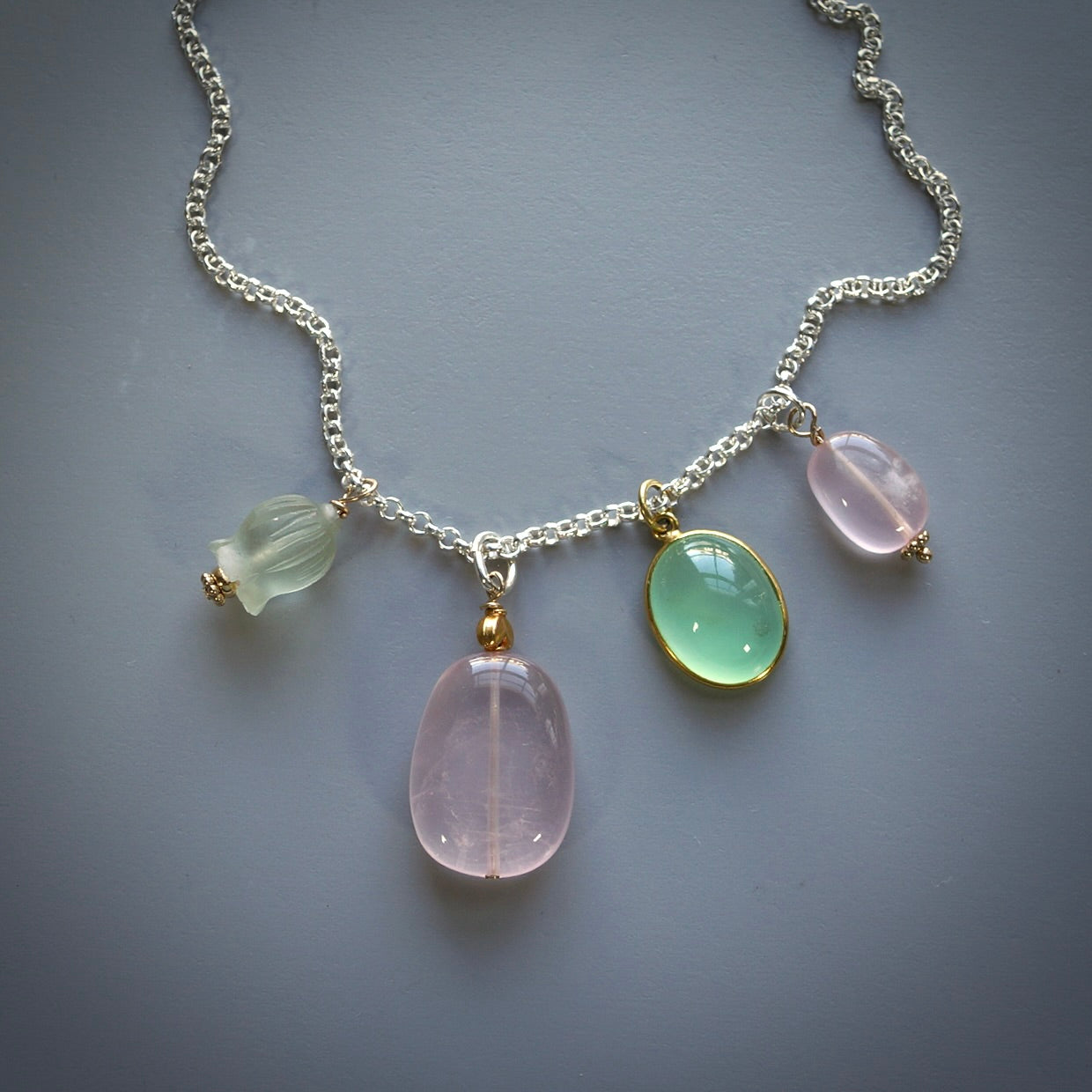 Chrysoprase and rose quartz charm necklace