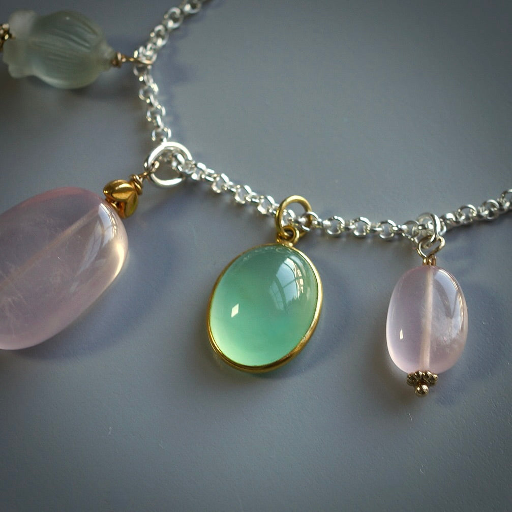 Chrysoprase and rose quartz charm necklace