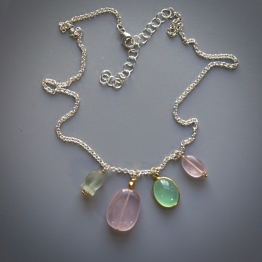 Chrysoprase and rose quartz charm necklace