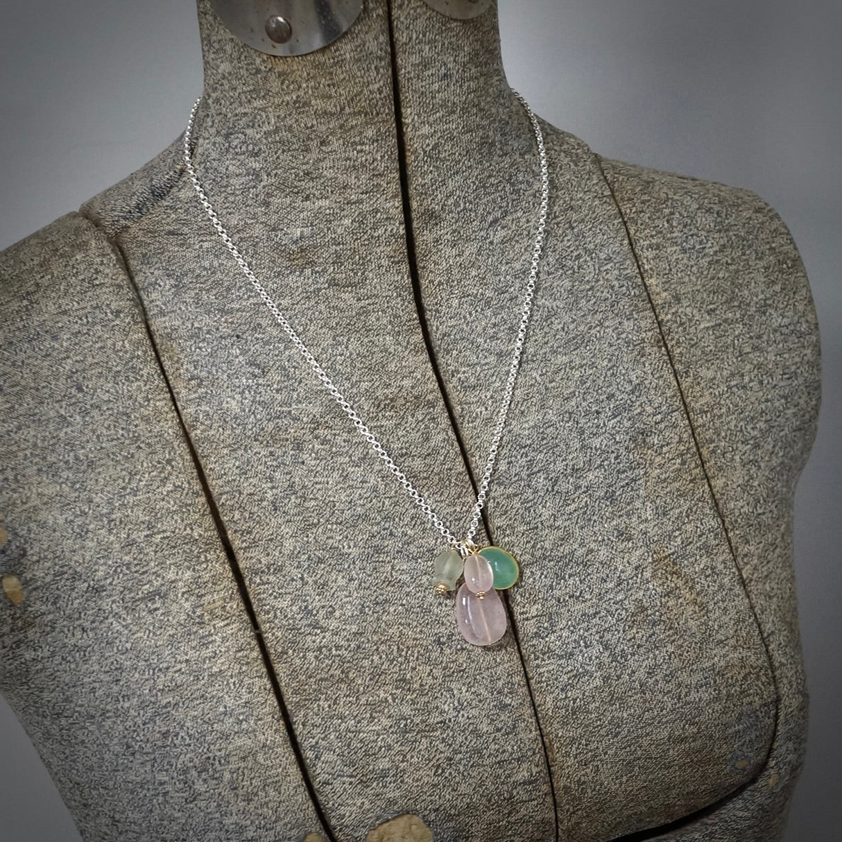 Chrysoprase and rose quartz charm necklace