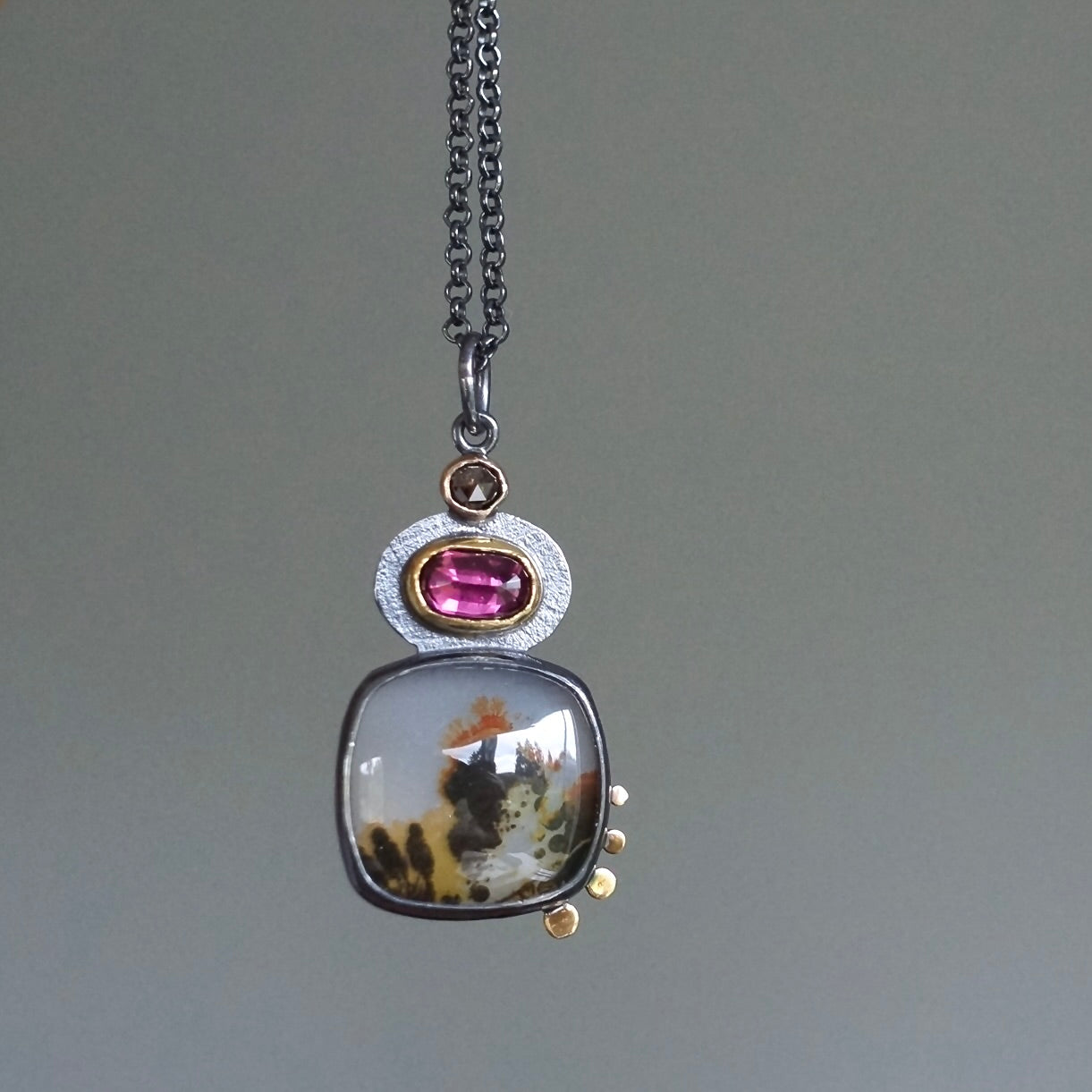Dendritic agate, garnet and chocolate diamond pendant
