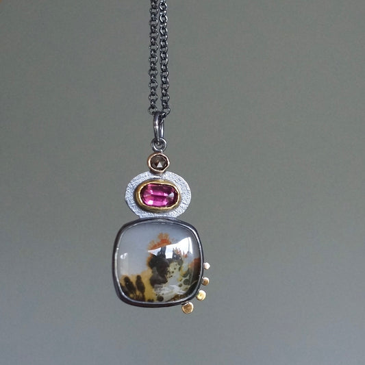 Dendritic agate, garnet and chocolate diamond pendant