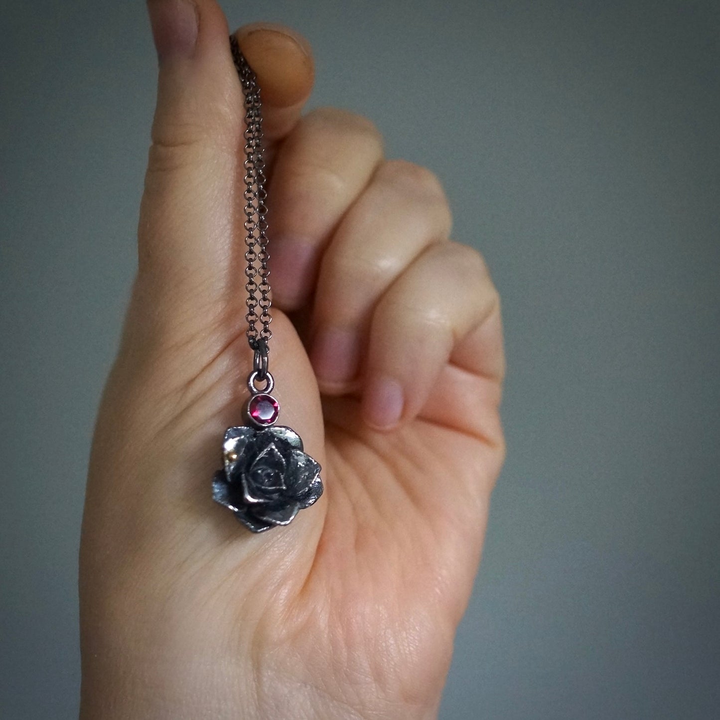 Rhodolite garnet and silver succulent pendant