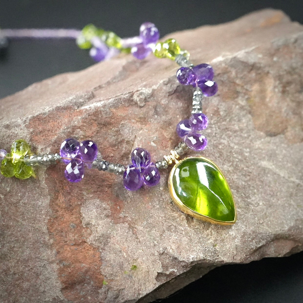 Vesuvianite necklace with amethyst, peridot and green sapphire