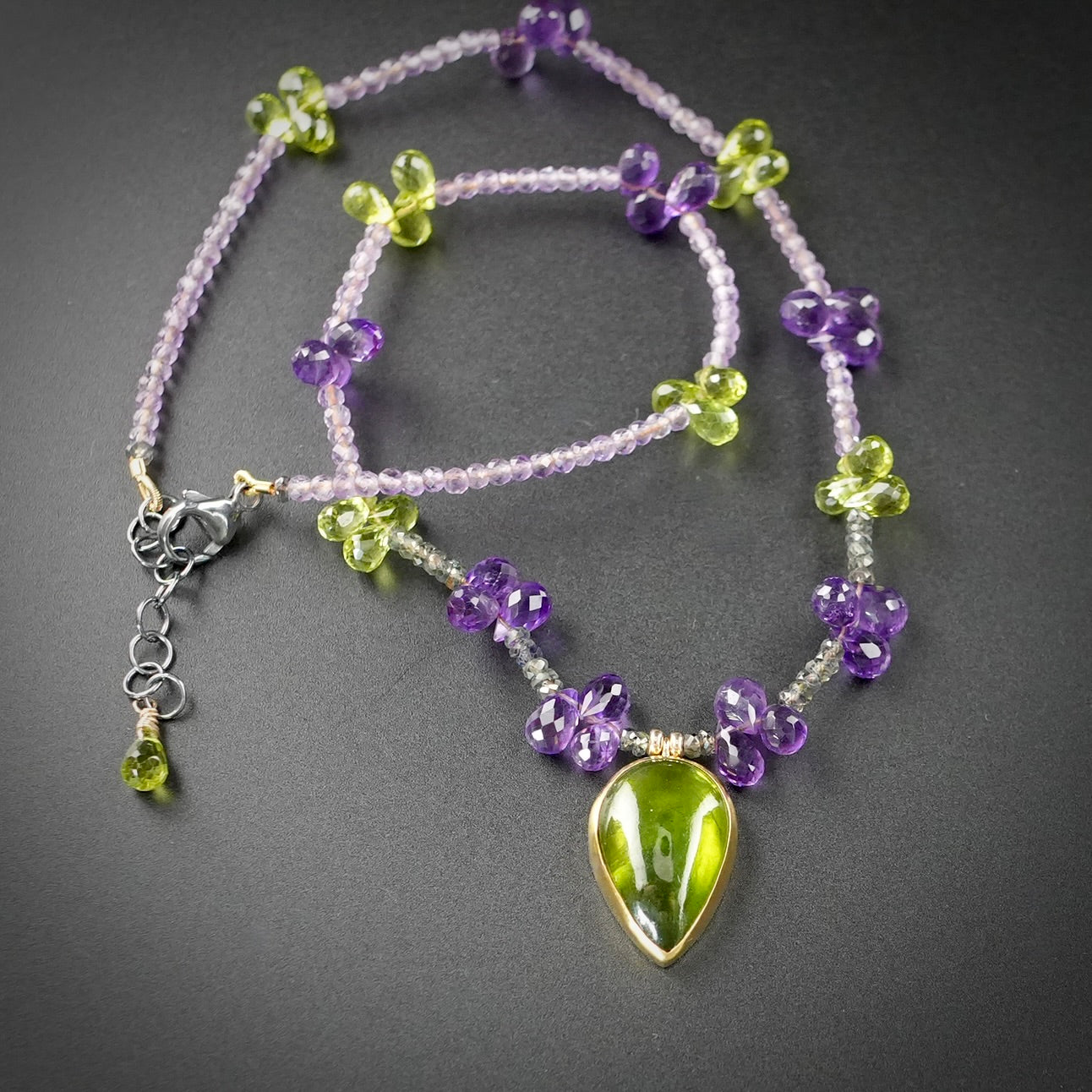 Vesuvianite necklace with amethyst, peridot and green sapphire