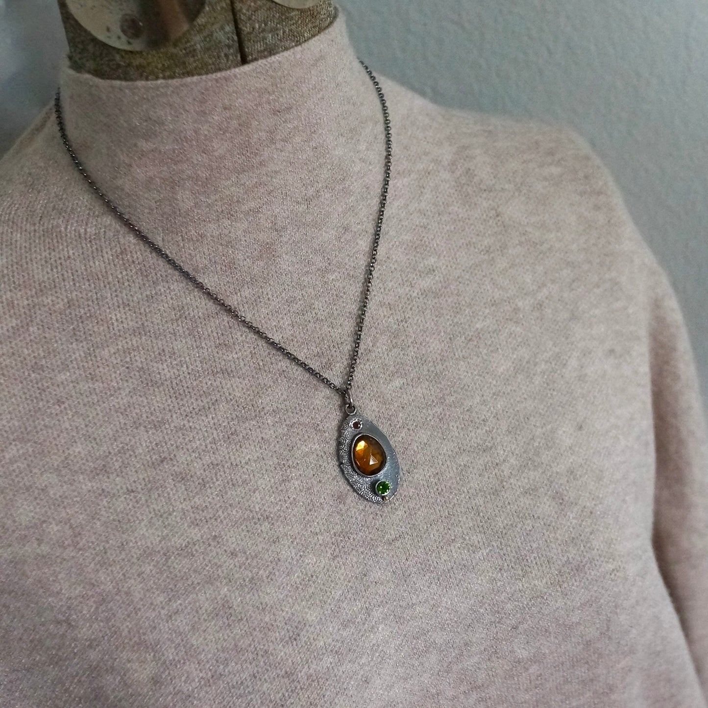 Citrine, chrome diopside and garnet pendant