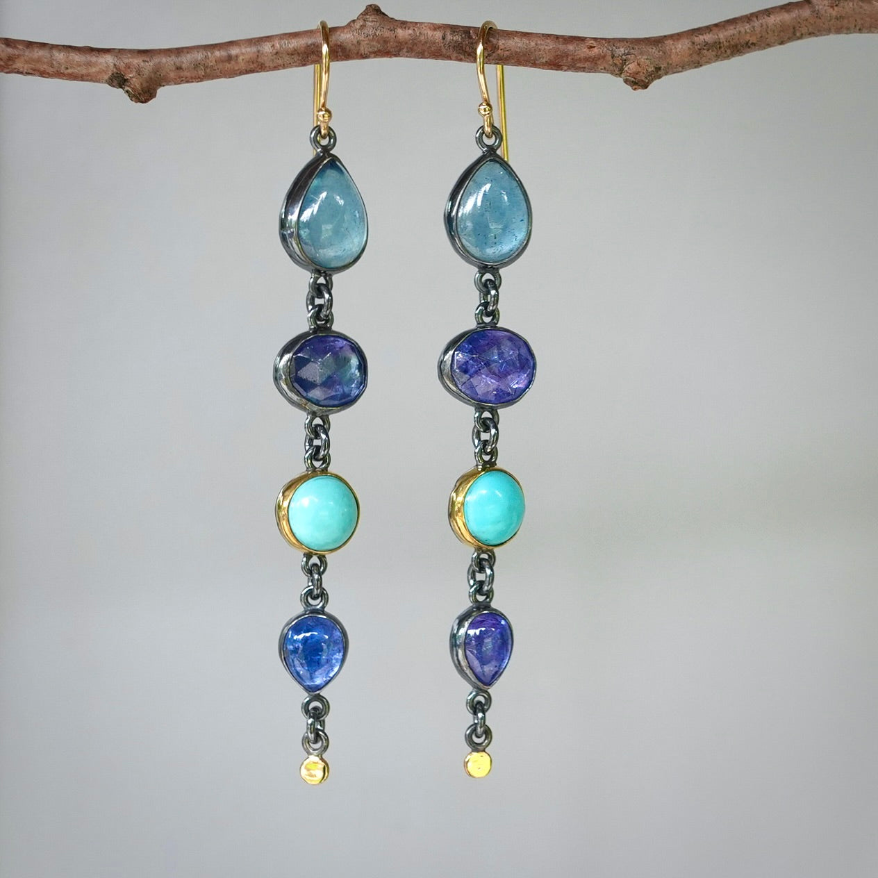 Tanzanite, turquoise and aquamarine earrings