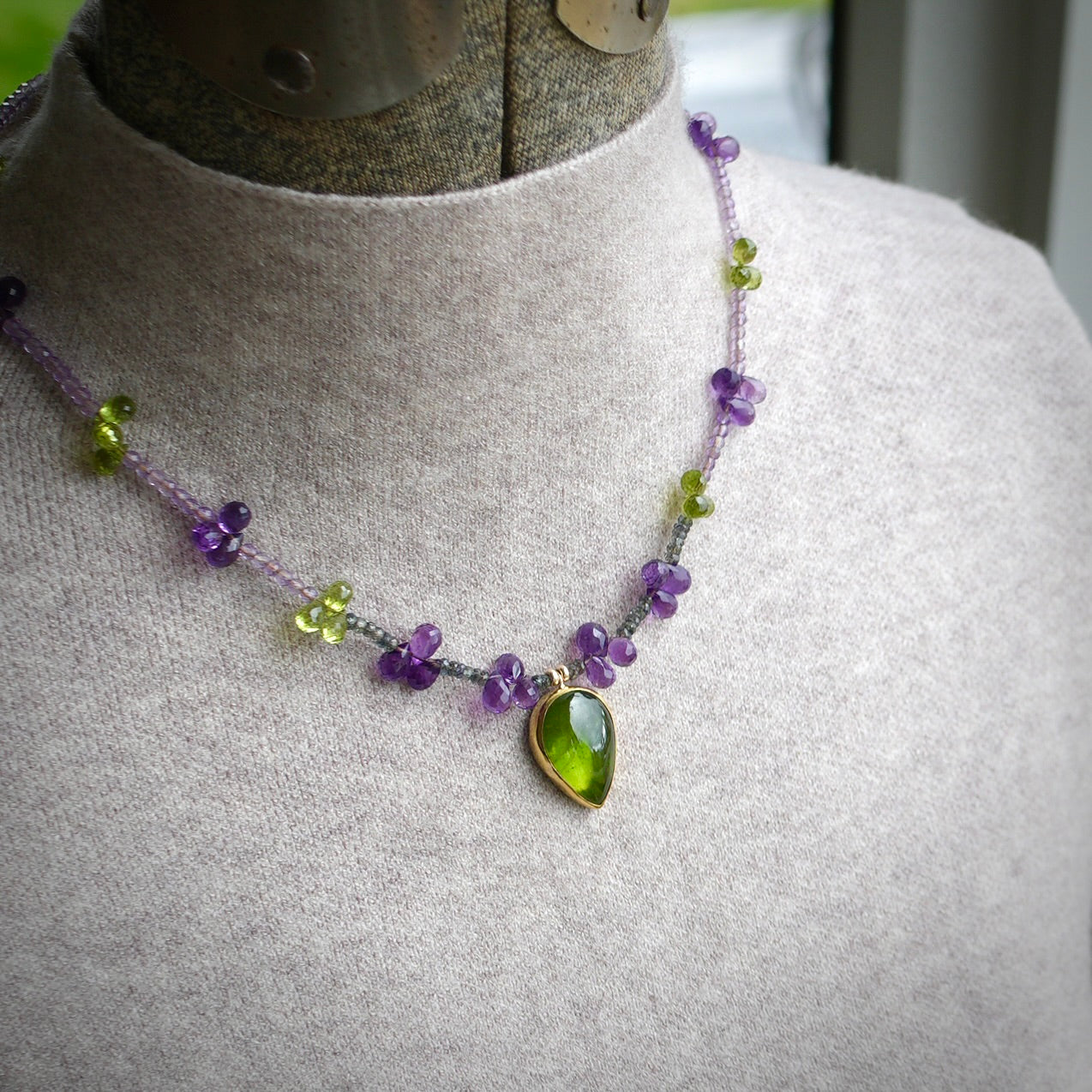 Vesuvianite necklace with amethyst, peridot and green sapphire