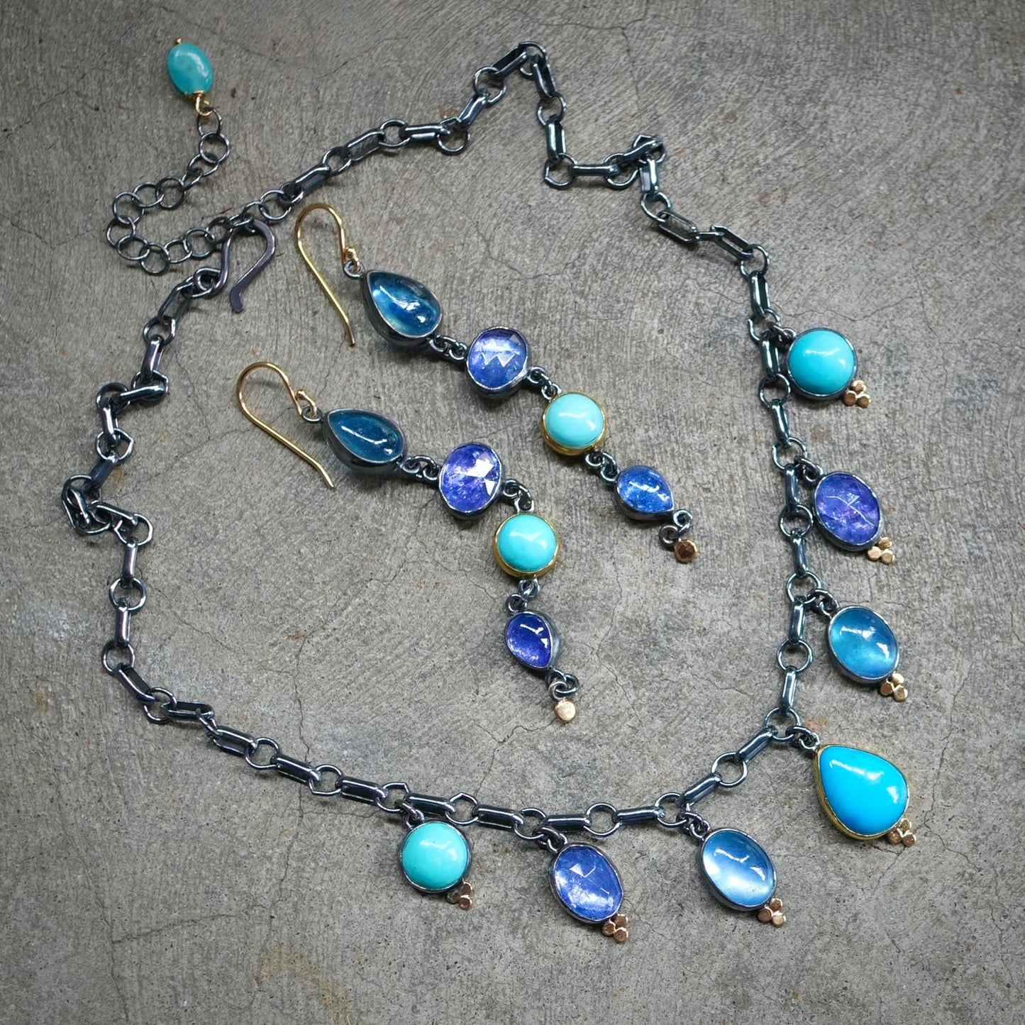 Tanzanite, turquoise and aquamarine earrings