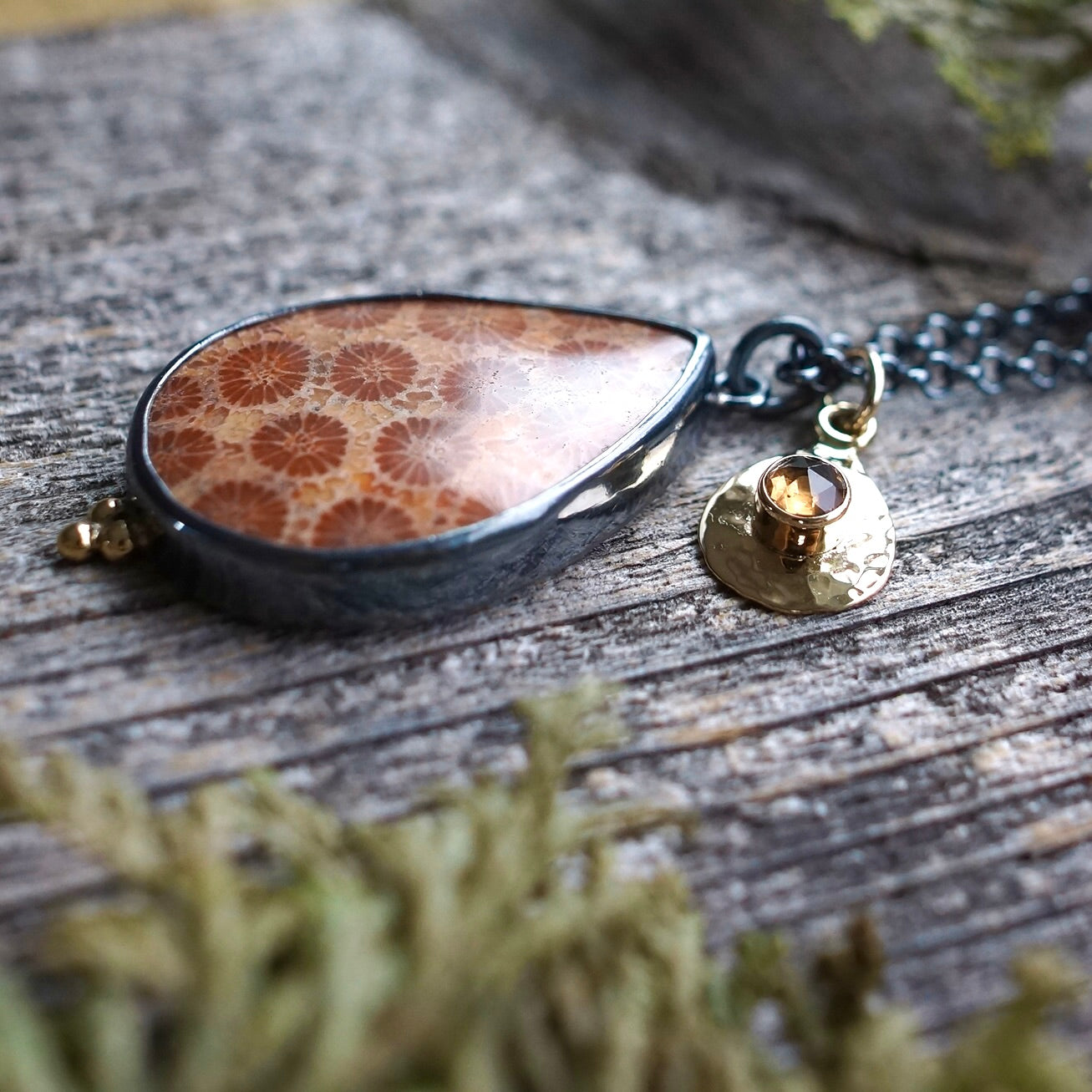 Flowering coral and solid gold sapphire charm necklace