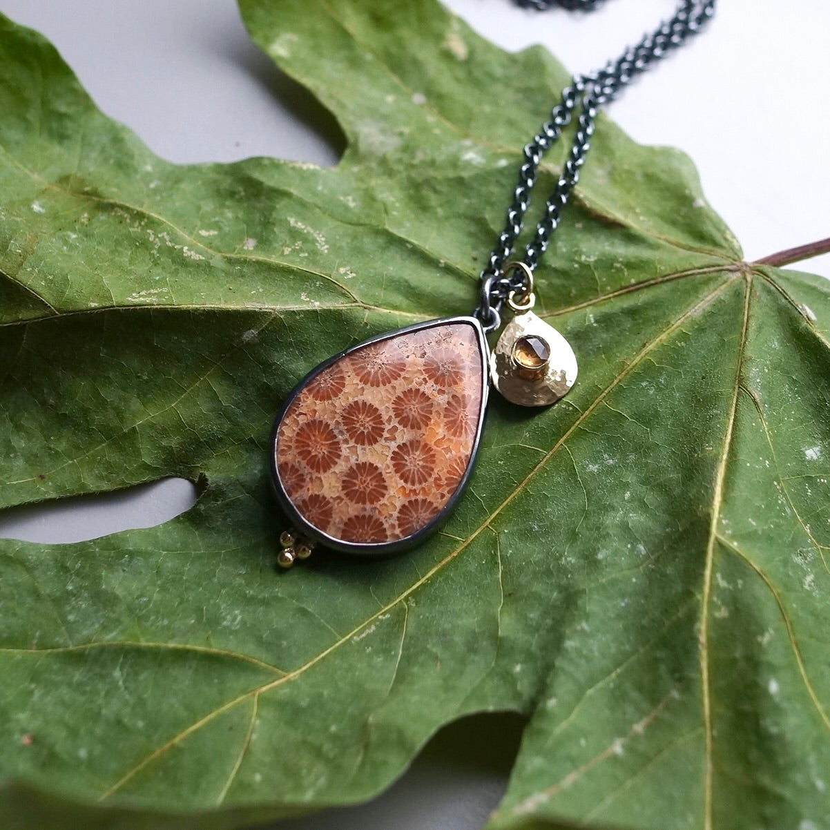 Flowering coral and solid gold sapphire charm necklace